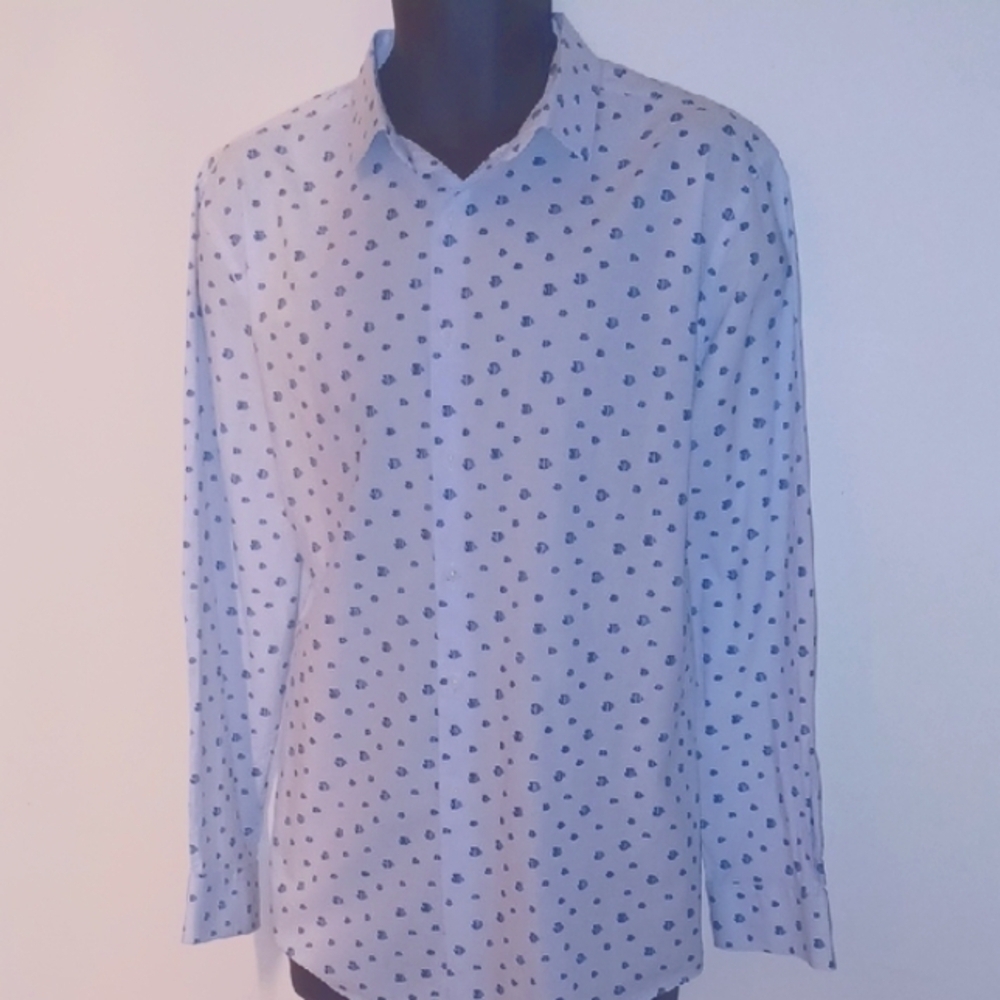 Bar III Slim-Fit White and Blue Casual Button-Down Shirt, XL
